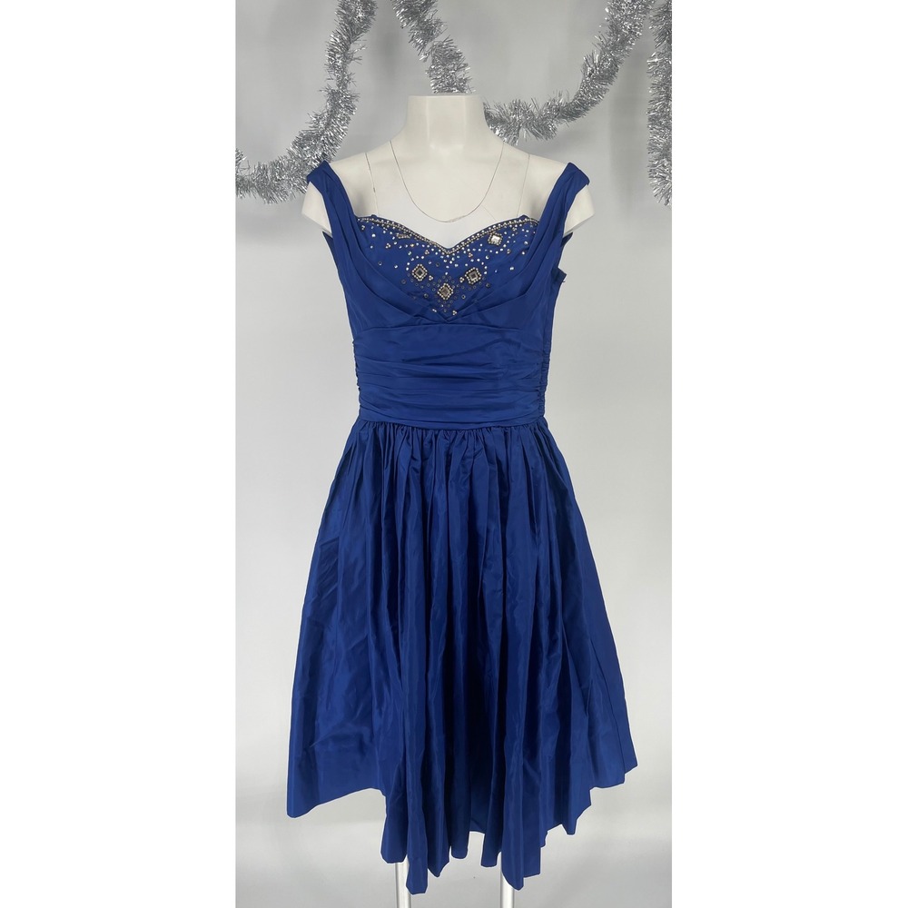 Vintage 1950s Blue Taffeta Rhinestone Pearl Bustle Cocktail Dress Prom Formal XS